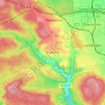 Topografische kaart Musberg, hoogte, reliëf