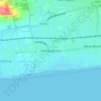 Topografische kaart Goring-by-Sea, hoogte, reliëf