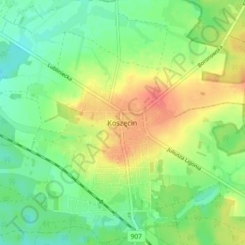 Topografische kaart Koschentin, hoogte, reliëf