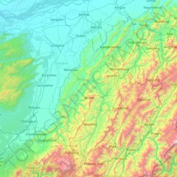 Topografische kaart Wokha, hoogte, reliëf