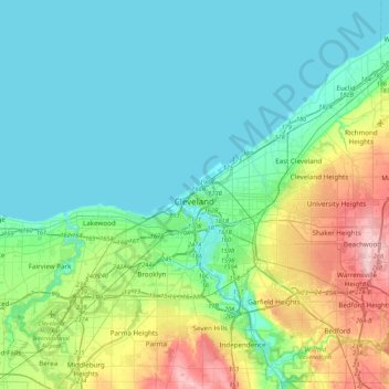 Topografische kaart Cleveland, hoogte, reliëf