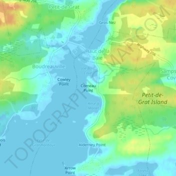 Topografische kaart Comeau Point, hoogte, reliëf