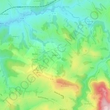 Topografische kaart Bruyère, hoogte, reliëf