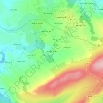 Topografische kaart Mougau Bihan, hoogte, reliëf