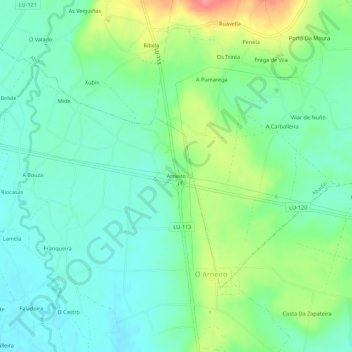 Topografische kaart Arneiro, hoogte, reliëf