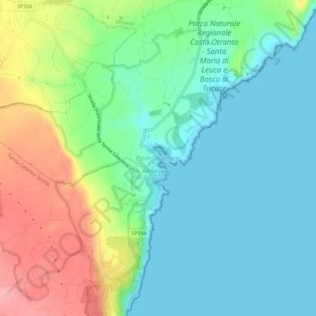 Topografische kaart Porto Badisco, hoogte, reliëf