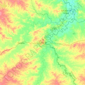 Topografische kaart Zaraza, hoogte, reliëf