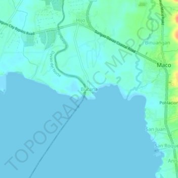Topografische kaart Bucana, hoogte, reliëf