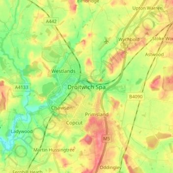 Topografische kaart Droitwich Spa, hoogte, reliëf