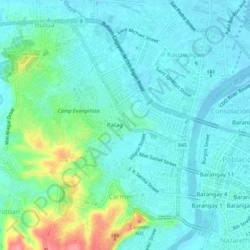 Topografische kaart Patag, hoogte, reliëf