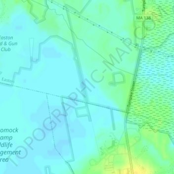 Topografische kaart Hockomock Swamp, hoogte, reliëf