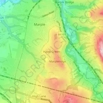 Topografische kaart Hawk Green, hoogte, reliëf