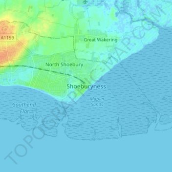 Topografische kaart Shoeburyness, hoogte, reliëf