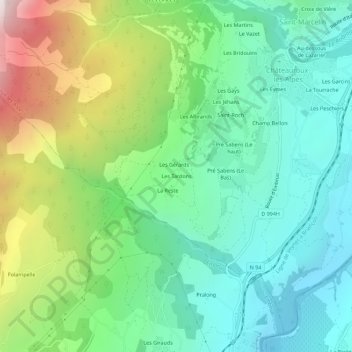 Topografische kaart Les Tardons, hoogte, reliëf