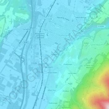 Topografische kaart Grignon, hoogte, reliëf