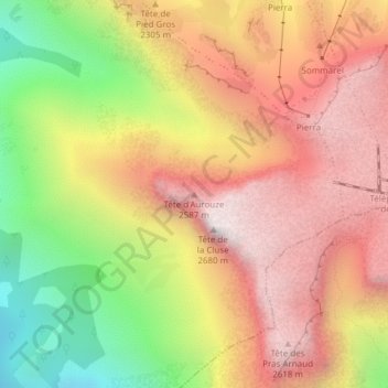 Topografische kaart Tête d'Aurouze, hoogte, reliëf