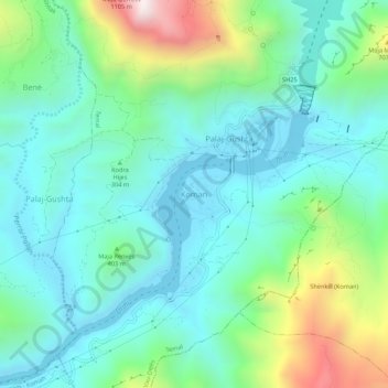 Topografische kaart Koman, hoogte, reliëf