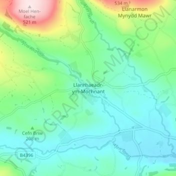 Topografische kaart Llanrhaeadr-ym-Mochnant, hoogte, reliëf