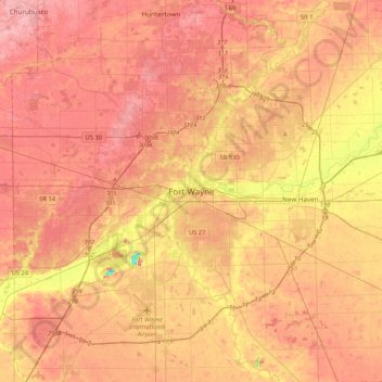 Topografische kaart Fort Wayne, hoogte, reliëf