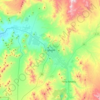 Topografische kaart Copiapó, hoogte, reliëf