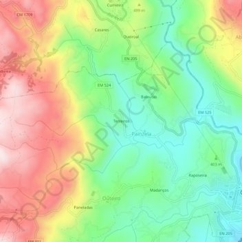 Topografische kaart Terreiros, hoogte, reliëf