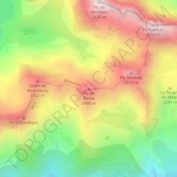 Topografische kaart Pic de Barbe, hoogte, reliëf