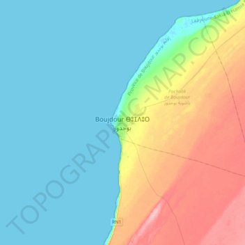 Topografische kaart Boujdour ⴱⵓⵊⴷⵓⵔ بوجدور, hoogte, reliëf