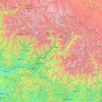 Topografische kaart Chamoli, hoogte, reliëf