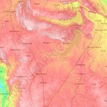 Topografische kaart Mandsaur, hoogte, reliëf