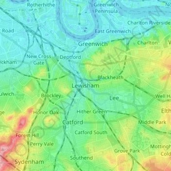 Topografische kaart Lewisham, hoogte, reliëf