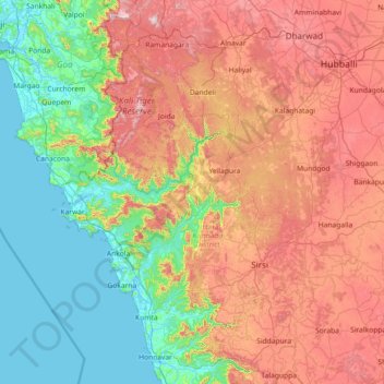 Topografische kaart Uttara Kannada, hoogte, reliëf