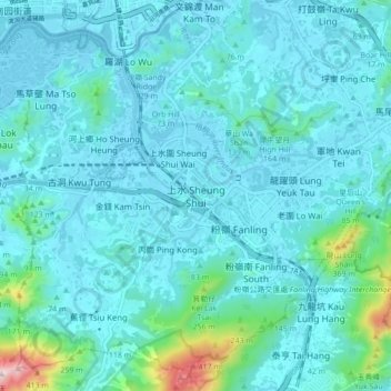 Topografische kaart Sheung Shui, hoogte, reliëf