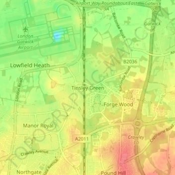 Topografische kaart Tinsley Green, hoogte, reliëf
