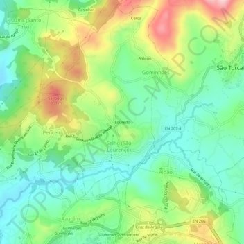 Topografische kaart Louredo, hoogte, reliëf
