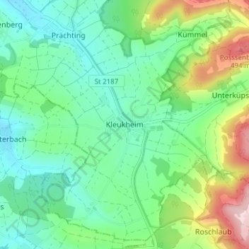 Topografische kaart Kleukheim, hoogte, reliëf