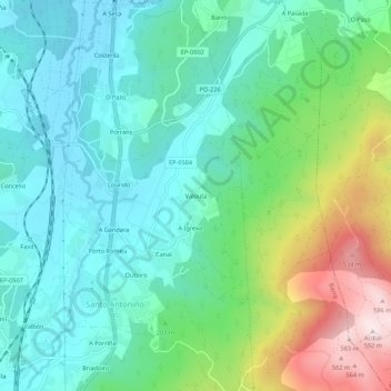 Topografische kaart Valouta, hoogte, reliëf