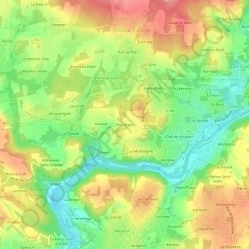Topografische kaart Kernégan, hoogte, reliëf