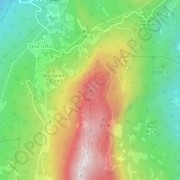 Topografische kaart Plas, hoogte, reliëf