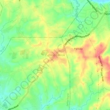 Topografische kaart Pulong Yantok, hoogte, reliëf