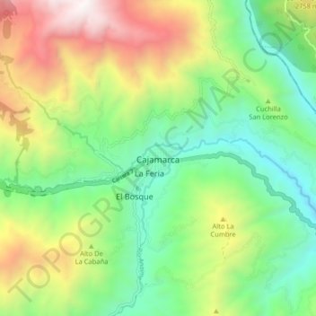 Topografische kaart Cajamarca, hoogte, reliëf