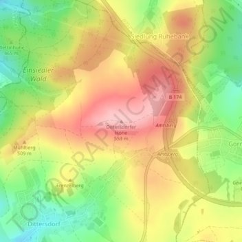 Topografische kaart Dittersdorfer Höhe, hoogte, reliëf