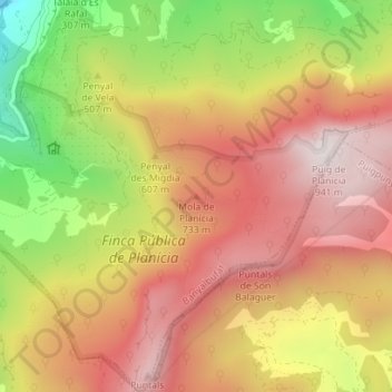 Topografische kaart Mola de Planícia, hoogte, reliëf