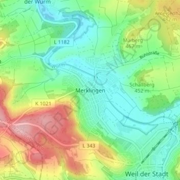 Topografische kaart Merklingen, hoogte, reliëf