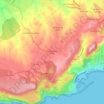 Topografische kaart Zambujal de Cima, hoogte, reliëf