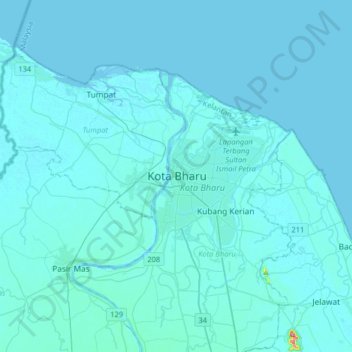 Topografische kaart Kota Bharu, hoogte, reliëf