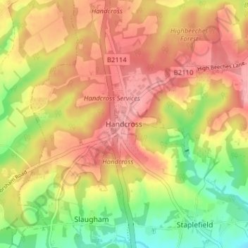Topografische kaart Handcross, hoogte, reliëf