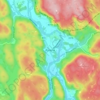 Topografische kaart Øyslebø, hoogte, reliëf