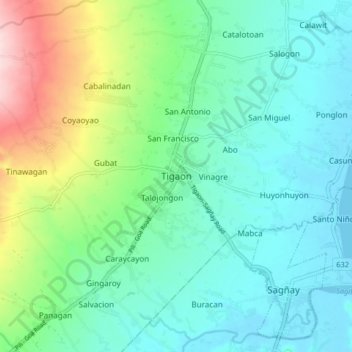 Topografische kaart Tigaon, hoogte, reliëf