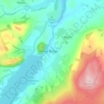 Topografische kaart Pooley Bridge, hoogte, reliëf