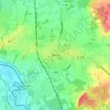 Topografische kaart Bork, hoogte, reliëf